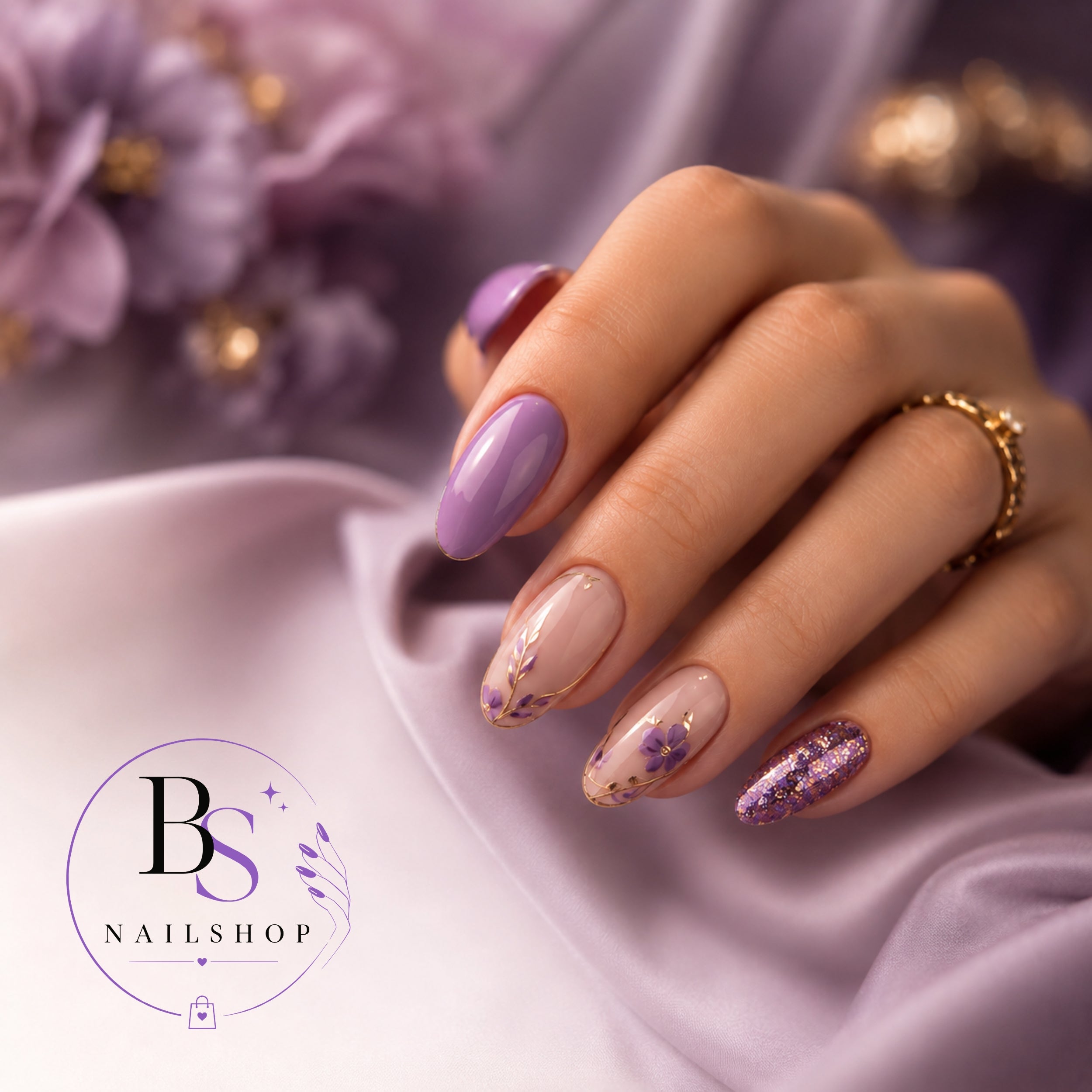 Lila Nageldesign mit BS Nailshop Logo